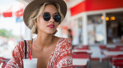 Fashionable young woman in sunglasses and wide-brimmed hat enjoys a cold drink at a retro-style diner.