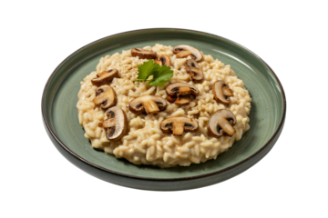Delicious mushroom risotto on a plate ready to serve . Isolated on transparent background, png