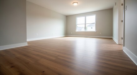 Obraz premium A spacious empty room featuring a wooden floor and large window. Ideal for showcasing interior design or real estate.