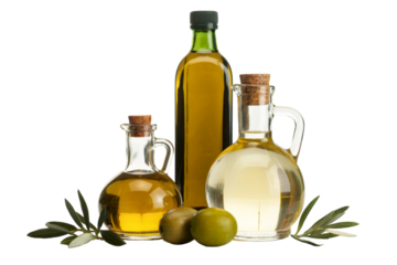 Three bottles of healthy olive oil composition  . Isolated on transparent background, png