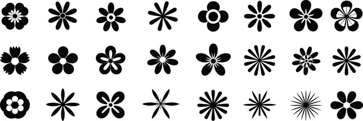 Black silhouette flower icon set, 20 unique floral shapes for botanical design, decoration, pattern creation, and educational use.