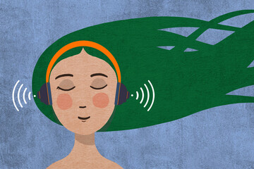 Woman enjoying music with wireless headphones illustration
