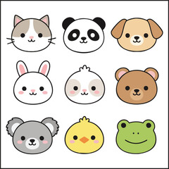 Cute Cartoon Animal Faces and Avatars Sticker Set