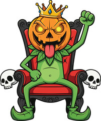 Cartoon pumpkin head king with crown sitting on spooky throne decorated with skulls, Halloween horror fantasy character vector illustration for stock