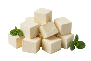 Fresh tofu cubes with green mint leaf decoration . Isolated on transparent background, png