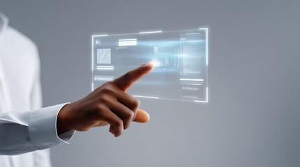 Futuristic Hand Interacting with Holographic Display Showcasing Digital Interface and Advanced Technology in Contemporary Business Environment