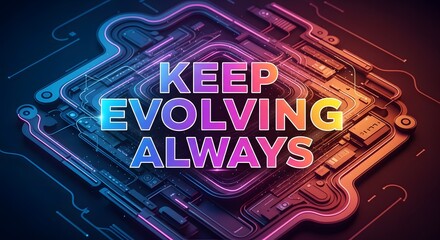 A vibrant digital illustration featuring the motivational phrase 'Keep Evolving Always' surrounded by futuristic circuit patterns and glowing neon lights