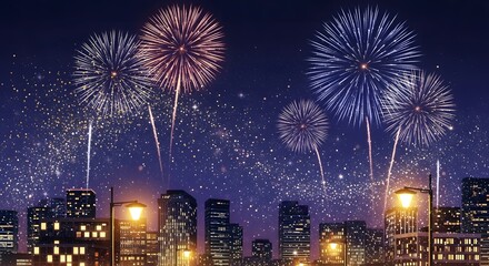 Naklejka premium Cityscape at night with fireworks illuminating the starry sky