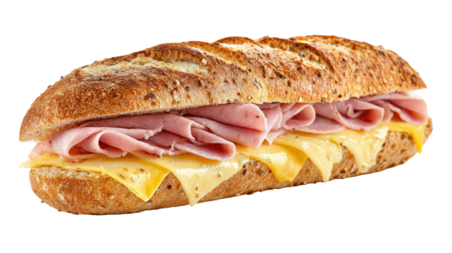 Fresh ham and cheese sandwich on crusty multigrain baguette with melted slices and soft filling isolated on white background