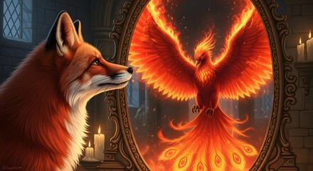 A curious fox gazes at a fiery phoenix reflected in a mirror inside a dimly lit, mystical room with candles and stone walls