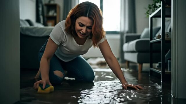 Sad woman kneeling on floor with sponge cleaning water leak from apartment room, flood in house, water damage problem, footage