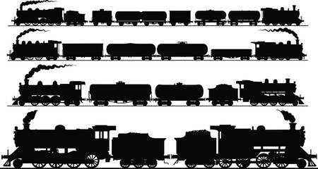 Silhouette of vintage steam train, old locomotive with wagons, railway transport illustration, cargo tanker cars, retro transportation concept, vector design © Mamotaz Creative