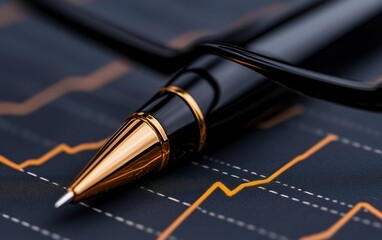 A close up of a pen placed over a financial chart, representing business planning and analysis