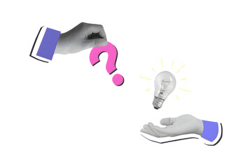 Black and white hands with a question mark and light bulb. Modern photo collage style isolated on a white background.