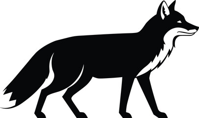 Silhouette of wild fox walking, black and white animal illustration, wildlife graphic design, predator symbol, nature logo vector art