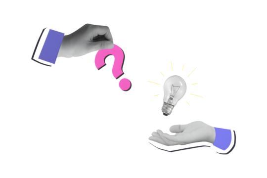 Black and white hands with a question mark and light bulb. Modern photo collage style isolated on a white background.