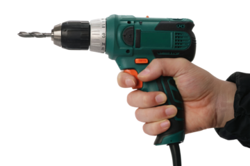 hand holding  electric drill ready for use . Isolated on transparent background, png