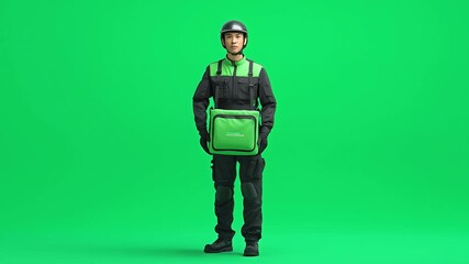 Delivery Courier Ready: A focused delivery courier stands ready against a vibrant green backdrop, showcasing readiness and efficiency in this fast-paced world.