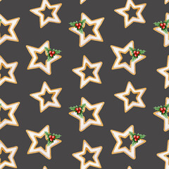 Seamless pattern of delicious watercolor gingerbread cookies with hollyberries on dark background. Bakery star decoration.