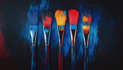 Artist Paintbrushes with Colorful Paint Bristles on a Dark Blue Textured Background