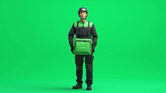Delivery Courier Ready: A focused delivery courier stands ready against a vibrant green backdrop, showcasing readiness and efficiency in this fast-paced world.