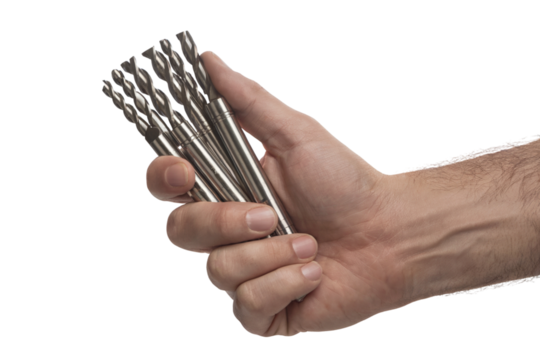 hand holding several drill bits ready for construction . Isolated on transparent background, png