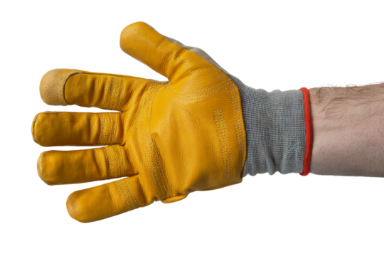 hand wearing yellow work glove . Isolated on transparent background, png