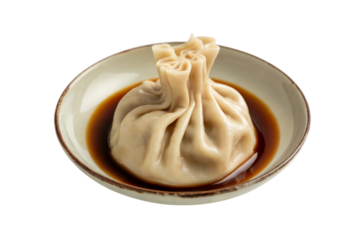 delicious dumpling in a bowl with savory sauce . Isolated on transparent background, png
