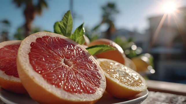 Fresh grapefruit and lemon slices arranged outdoors with natural sunlight and greenery creating a vibrant citrus scene