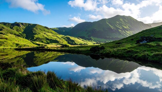 A tranquil natural scene featuring rolling green hills, a still lake mirroring the sky and clouds, and a majestic mountain in the distance. - Powered by Adobe