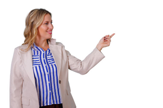 Businesswoman smiling and pointing finger right, presenting statistics, directing attention, making a recommendation on transparent background
