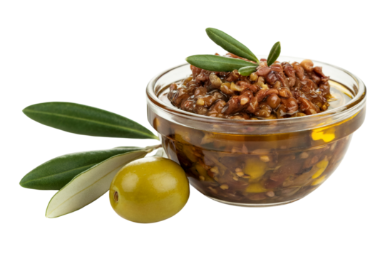  olive tapenade with fresh olive and leaves . Isolated on transparent background, png