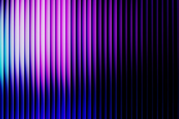 Abstract vertical panel background with glowing purple and blue gradient. Modern 3D blinds texture with cyan light and shadow effect on black.