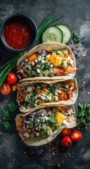 Stacked tacos with vibrant toppings and sides