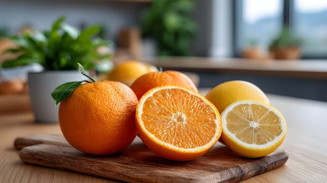 Whole and sliced oranges with lemons placed on a wooden cutting board in a bright indoor kitchen setting highlighting fresh citrus textures