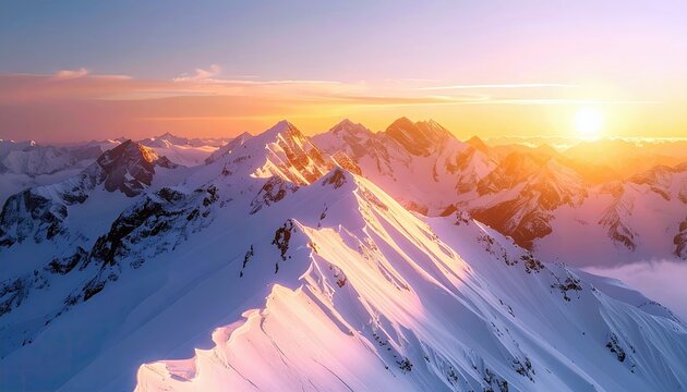 A breathtaking aerial view of snow-capped mountains at sunrise, with the sun casting a golden and pink hue across the landscape.