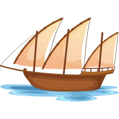 Pixel Art Sailing Ship With Three Brown Sails Gliding on Blue Water Medium Shot Studio Shot Isolated Transparent Background