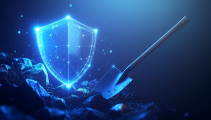 Digital Shield: A futuristic digital shield glows with intricate network lines, representing cyber security. A shovel lies at its base suggesting protection in the digtial landscape.