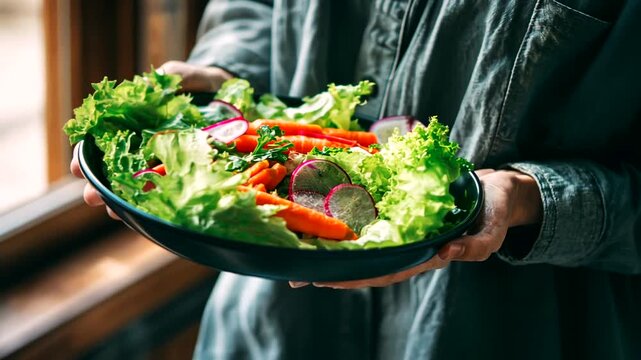 A person holds a bowl brimming with fresh, colorful vegetables. Carrots and radishes sit atop greens