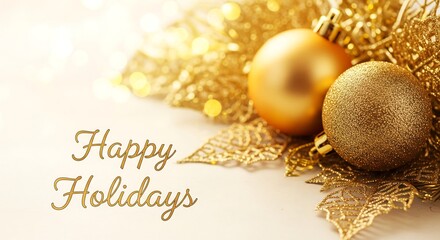 Happy holidays text with golden baubles and festive decorations