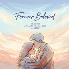 A romantic illustration of a young couple embracing each other against a colorful sky background with soft clouds, conveying love and eternal bond