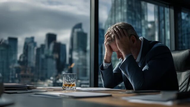 Highranking official studying financial reports with city view behind