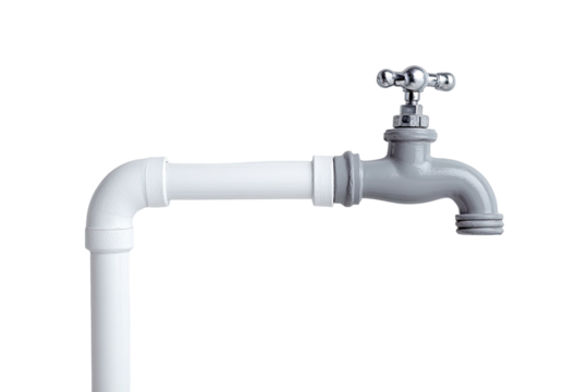 Plumbing White pipe connects to a shiny, gray faucet, dark background