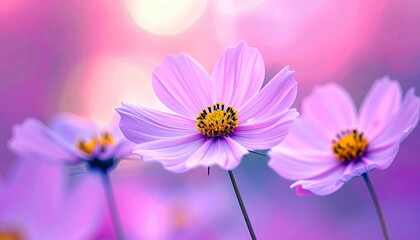 Three delicate lavender cosmos flowers with yellow centers bloom in soft focus against a dreamy, blurred background of pink and purple hues.