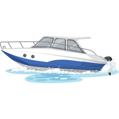 White and blue speedboat cruising on blue water with white splashes on a transparent background captured in a side profile view