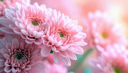 A close-up view of several pink chrysanthemums, showcasing their intricate petals and green centers, with a soft, blurred background.
