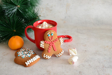 Christmas Treats with Hot Chocolate and Gingerbread biscuits copy space