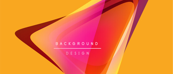 Abstract design features vibrant overlapping shapes. Orange background contrasts pink, red, white elements. Text reads background design. Modern, dynamic composition.