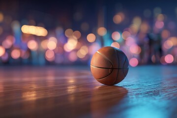 Basketball Resting on a Polished Court With City Lights in the Background During an Evening Event