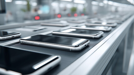 Fototapeta premium Top view of Smartphones mock up are seen on a conveyor belt in a manufacturing facility